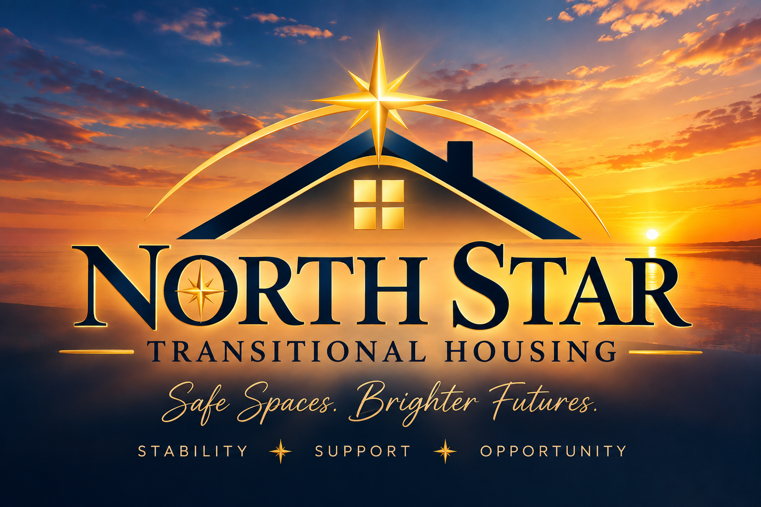 North Star Transitional Housing sunset branding with a golden guiding star above a home and the words Safe Spaces. Brighter Futures.